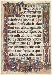 Blad fra en psalter med fuld kant med medaljoner (Bebudelse, SS. Jerome, Clare, Sebastian og Bernardino) og historisk initial (E): Jomfru og barn af Unknown artist