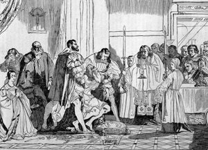 Leonardo da Vinci (Leonard de Vinci) døde i armene på Francois I (1494 - 1547) i 1519 ved Clos Luce. gravering. af Unknown artist