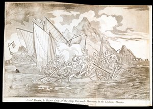 Løjtnant Turner og besætningen på skibet Tea blev taget til fange af Ladrone-piraterne (print) af Unknown artist