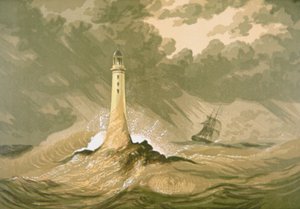 Fyrtårn med sejlskib af Unknown artist