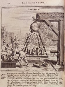 Indlæser suspenderede Magdeburg-halvkugler - i "Ottonis de Guericke: Experimenta Nova Magdeburgica de vacuo spatio"" af Otto von Guericke (Otto de Guericke af Unknown artist