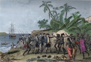 Louis Antoine (Louis-Antoine) af Bougainville, fransk navigatør (1729-1811), henvender sig til markisernes øer i Tahiti, 6. april af Unknown artist