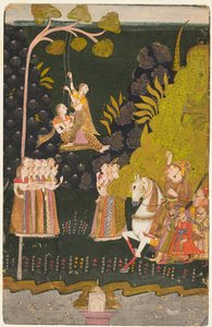 Maharaja Abhai Singh af Marwar (r. 1724–49), ridesport, ser piger, der svinger på Teej Festivalen af Unknown artist