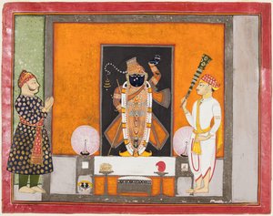 Maharao Ram Singh II fra Kota (r. 1828–66) tilbeder Brij Nathji som brudgommen af Unknown artist
