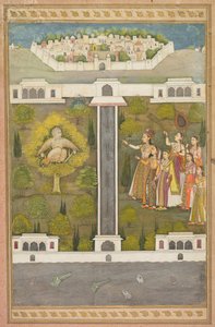Mahliqa, datter af kejseren af Kina, der peger på fuglemanden Khwaja Mubarak: Et blad fra en poetisk romantik relateret til Shah Alam I (recto) af Unknown artist
