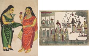Tjenestepige, der bringer en vandpibe til en dame (recto); Krishna vægtet mod dyrebare genstande (?) (verso) af Unknown artist