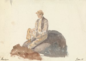 Mand, der sidder på en klippe (Madeira 16. januar) af Unknown artist