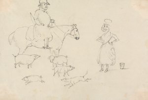 Mand til hest, med grise af Unknown artist