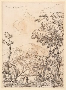 Mand med æsel i landskab af Unknown artist