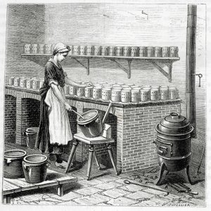 Fremstilling af camembertost (ostemasse hældes i muslinger) - i "" Industriens vidundere"" af Louis Figuier af Unknown artist