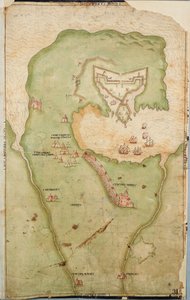 Kort over Smerwick, Irland, der viser det engelske jordværk med to kanoner til angreb på det spanske fort og engelske soldater, der marcherer ud af Castell More af Unknown artist