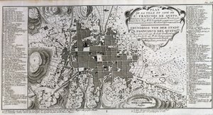 Kort over byen og byen St François de Quito - i "" Historisk rejse i Sydamerika udført efter ordre af kongen af Spanien af Don George Juan og Don Antoine de Ulloa"", T.1, ved C.A. Jombert, Librairie du Roi, Paris af Unknown artist