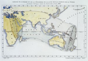 Kort, udgivet af Bureau of Longitudes, der viser månens skygge og mørke march på jordens overflade under formørkelsen i 1868 af Unknown artist