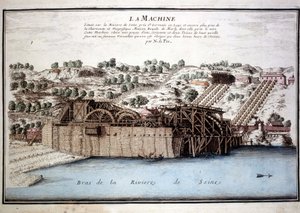 Marly de Rennequins maskine kørte vandet i Seinen til Versailles via Marly-akvædukten. Stik fra 1700. af Unknown artist