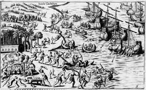 Møde mellem folkene i Christopher Columbus og kannibalerne - i "Nova Tipus Transacto Navigatio Novi Orbi"" af Philoponus Honorius af Unknown artist