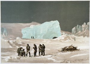 Mænd og slæde på isen - i "" Polarhavets kyster, en arktisk ekspeditionsfortælling"", af Dr. Edward Moos, Marcus Nard & Co, London af Unknown artist
