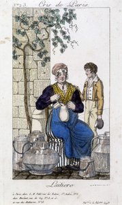 Mælk hælder mælk i en flaske til en ung mand - i "" Cris de Paris"", deb. 19. århundrede af Unknown artist