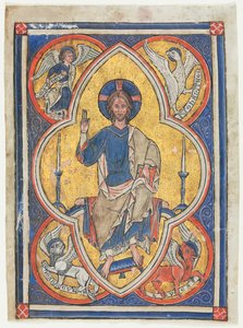 Miniature udskåret fra en psalter: Kristus i majestæt med symboler for de fire evangelister af Unknown artist