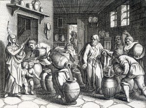 Mirakel af Elisee, bibelsk profet og discipel af Elias, som med sin kappe formidler sin ånd og kræfter til ham. Stik fra 1724. af Unknown artist