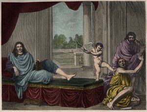 Moliere Jean Baptiste Poquelin (1622-1673) der fremkalder komediens Genie for at nedlægge laster og afskaffe hykleri - Indgravering efter et maleri, der forsvandt fra det 17. århundrede af Unknown artist