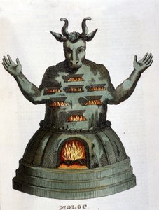 Moloch. Gammel karthagisk guddom. Vi ofrede børnene til ham ved at kaste dem ind i flammerne. Indgravering af det 19. århundrede. af Unknown artist