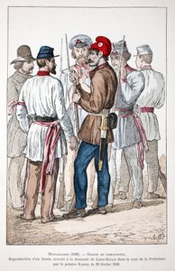 Montagnards (1848), en gruppe krigere, hvoraf den ene bærer den frygiske kasket og den revolutionære kokarde. Eau forte en couleurs, reproduktion af en tegning udført på anmodning af Alexandre Ledru-Rollin (Ledru Rollin) (1807-1874) i gården til af Unknown artist