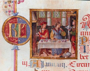 Januar måned: banketscene. Miniature fra Breviary of Hercules (Ercole) I d