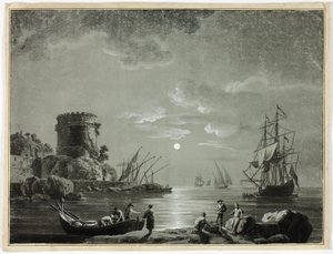 Måneskinsscene i fiskerihavnen af Unknown artist