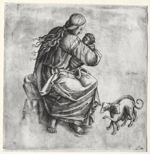 Mor og barn med to hunde af Unknown artist
