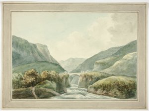Bjergby ved bro over vandløb af Unknown artist