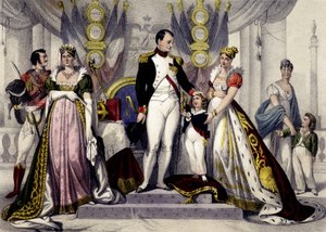 Napoleondynasti fra 1804 til 1815. Josephine, Napoleon I, konge af Rom, Mary Louise. Indgravering af det 19. århundrede. af Unknown artist