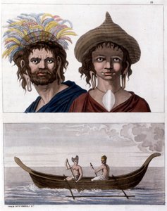 Hjemmehørende på Påskeøen (Rapa Nui) i Polynesien, medlemmer af Long Ears-klanen. Nedenunder, en af deres båd. - i "" Det gamle og moderne kostume""" af Jules Ferrario af Unknown artist