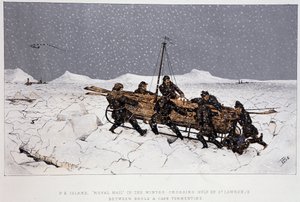 Nær floden, St. Lawrence-bugten: båd på en slæde, nær Brule og Cape Tormentin - i "" Skitser af canadisk sport og tidsfordriv"" af Lieut. Henry Buckton Laurence af Unknown artist