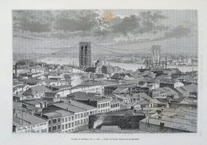 New York og Brooklyn Bridge under opførelse - i "" The World Tour"", 2. Sem. 1881 af Unknown artist