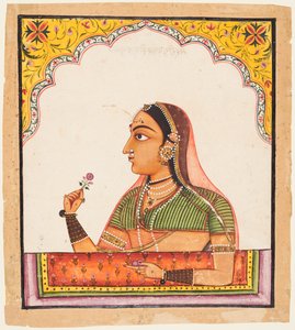 Adelskvinde ved et Jharokha-vindue, der holder en rose, fra en Portraits of Women-serie af Unknown artist