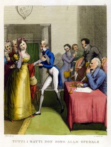 "Ikke alle tåber er på hospitalet." Illustration fra en samling af ordsprog fra det 18. århundrede af Unknown artist