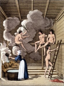 Nøgne figurer i en filandansk sauna. Indgravering fra 1811 indeholder en bog om rejsen.