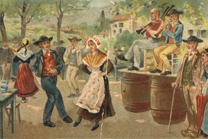 Gammel skik, der fejres i Auvergne-regionen: bøjen under Johannesfesten. Kromolitografi i slutningen af det 19. århundrede. af Unknown artist