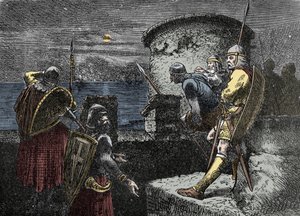 På udkig efter nordmænd - varegue-vagten (Varangian) observerer horisonten bag fæstningsværket af Unknown artist
