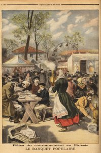 I anledning af kroningen af zar Nicholas II tilbydes en populær banket til 500.000 russere på Khodinskoie-manøvrefeltet i Moskva, forudgået af teaterforestillinger. Indgravering i "" Le petit journal"" 17/05/1896. Selvas samling. af Unknown artist