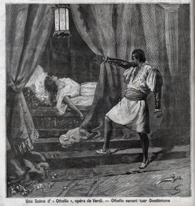 Othello har lige dræbt Desdemona i sin seng. Scene fra Operaen "" Othello"" af Giuseppe Verdi (1813-1901) Indgravering i "" Le Parisien"" af Unknown artist