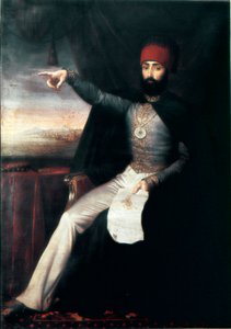 Det Osmanniske Rige: Portræt af Sultan Mahmud II (1784-1839)”” Det er repræsentativt at pege fingeren for at angive ordren om at slagte janitsjarernes orden. Anonym oliemaleri. 1808-1839 Istanbul, Topkapi Sarayi Museum, Tyrkiet af Unknown artist