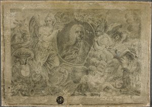 Oval portrætbuste holdt af allegoriske figurer af Unknown artist