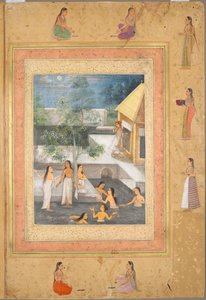 Side fra Late Shah Jahan Album: Harem Night-Bathing Scene (recto) af Unknown artist