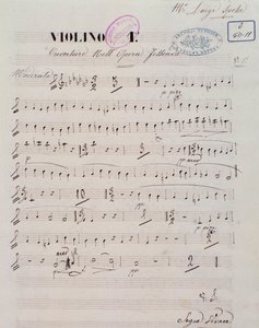 Side med partitur til den første violin i ouverturen til operaen Jessonda af Louis Spohr af Unknown artist