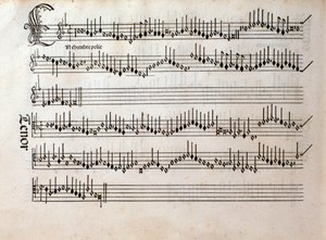 Side med partitur af Harmonice Musices Odhecaton af Ottaviano Petrucci (1501) af Unknown artist