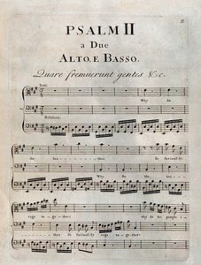 Side med anden salme i musikpartitur af ""Psalmerne"" af Benedetto Marcello af Unknown artist