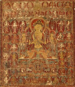 Bemalet banner (thangka) af Bodhisattva Manjushri med Vajrapani (til højre) og Padmapani (til venstre) af Unknown artist