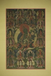 Bemalet banner (thangka) af Grøn Tara omgivet af tyve manifestationer af Unknown artist