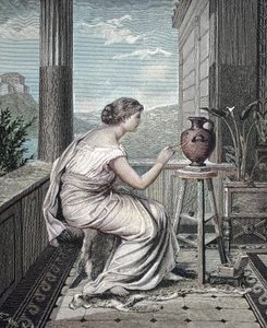 Maler, kunstner, ung græsk kvinde maler en vase, historisk, digital gengivelse af et originalt kunstværk fra det 19. århundrede af Unknown artist